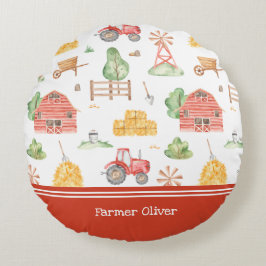 Cute Little Kids Farmer Mönster med First Namn Rund Kudde