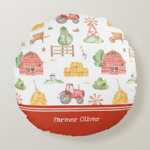 Cute Little Kids Farmer Mönster med First Namn Rund Kudde