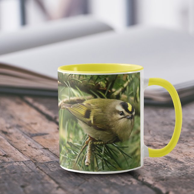 Cute Little Kinglet orsakar en stam i bron Mugg (Cute Little Kinglet Causes a Stir in the Fir 11 oz Coffee Mug Cover Photo.)