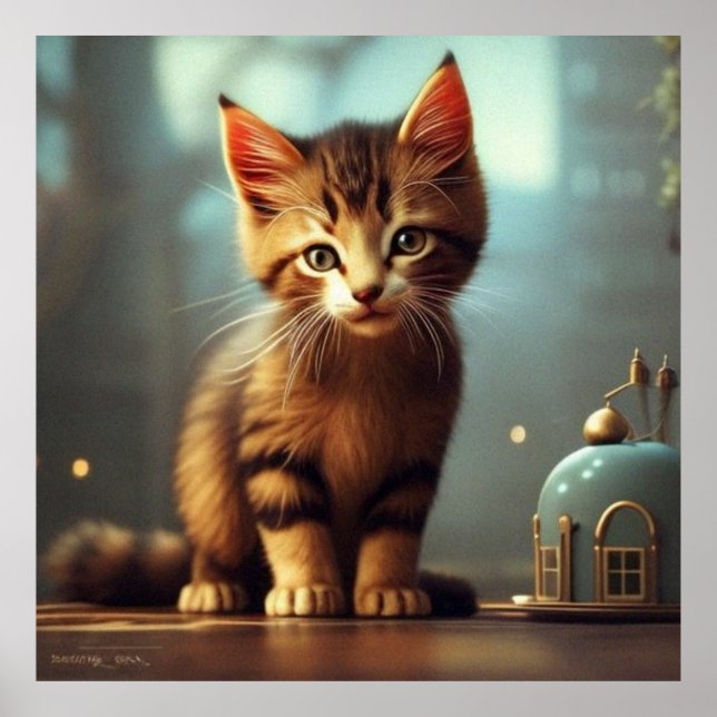 Cute Little kitten light Brown och rand Poster (Framsidan)