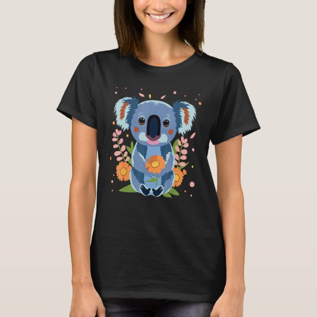 Cute Little Koala Bear Animal with Flowers T Shirt (Framsida)