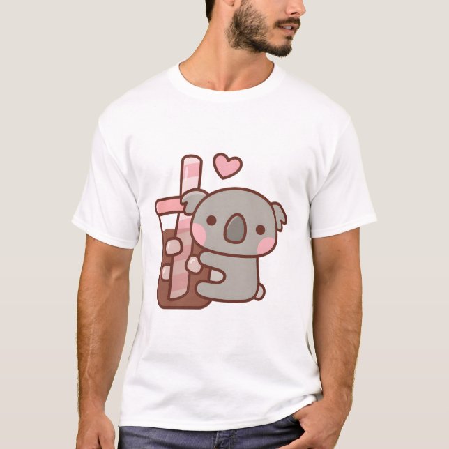 Cute Little Koala Bear Hugging Iced Coffee T Shirt (Framsida)