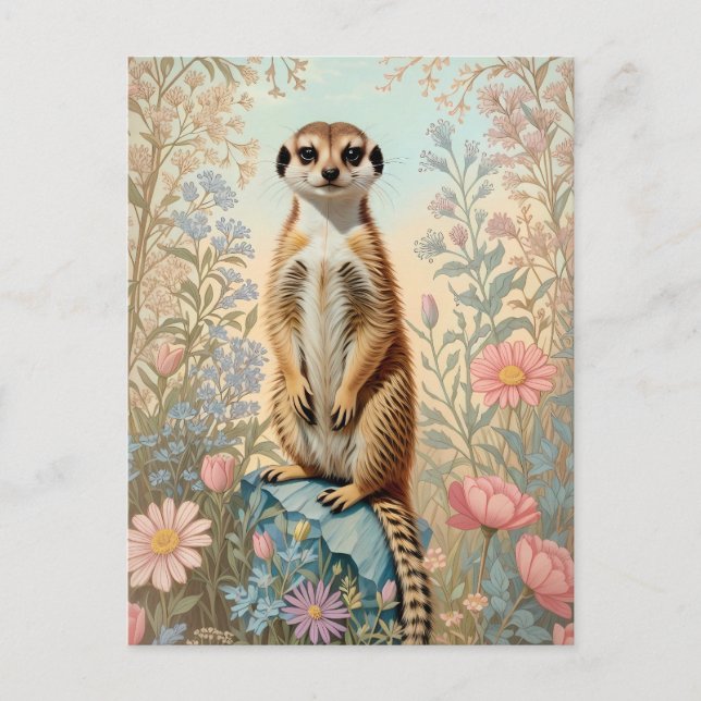 Cute Little Meerkat Pastel Floral Vykort (Framsida)