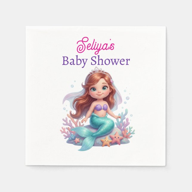 Cute Little Mermaid Baby Shower Water Bottle Label Pappersservett (Framsidan)