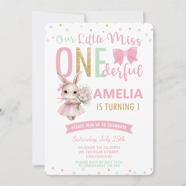 Cute Little Miss ONE001st Birthday Bunny Inbjudningar (Framsida)