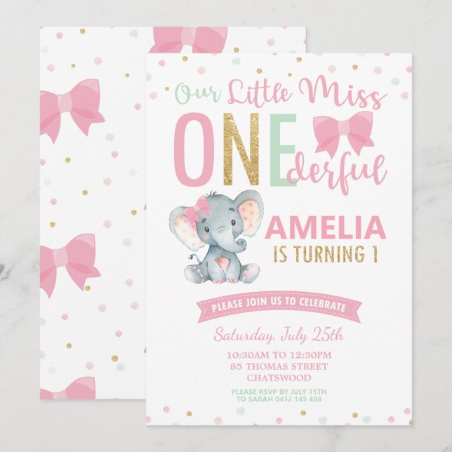 Cute Little Miss ONEderful 1st Birthday Elephant Inbjudningar (Fram/baksida)