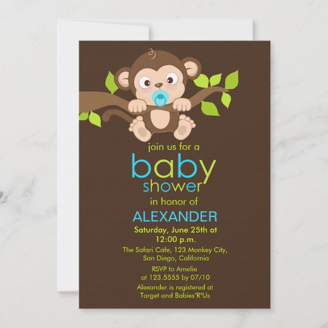 Cute Little Monkey Boy Baby Shower-inbjudan Inbjudningar (Framsida)