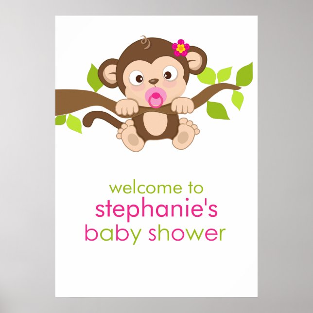 Cute Little Monkey Girl Baby Shower Poster (Framsidan)