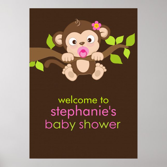 Cute Little Monkey Girl Baby Shower Poster (Framsidan)