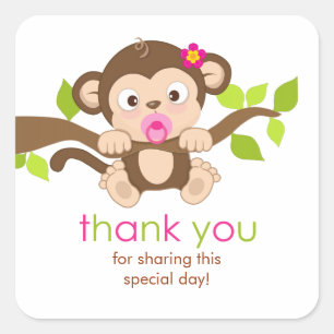 Cute Little Monkey Girl Tack Sticker Fyrkantigt Klistermärke