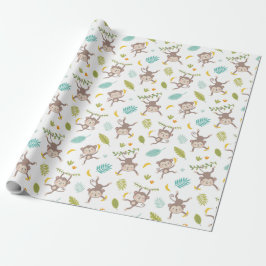 Cute Little Monkey med bananer och blad vit Presentpapper