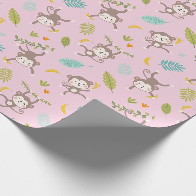 Cute Little Monkey with banan & blad rosa Presentpapper (Hörn)