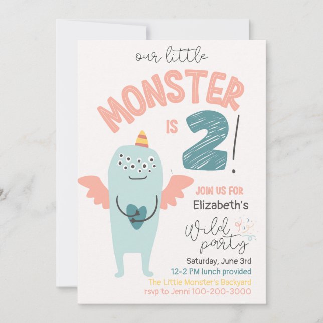 Cute Little Monster 2:a födelsedagsinbjudan Inbjudningar (Framsida)