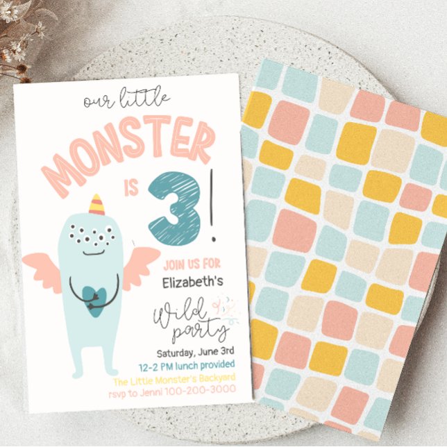 Cute Little Monster 3:e födelsedagsinbjudan Inbjudningar (Skapare uppladdad)