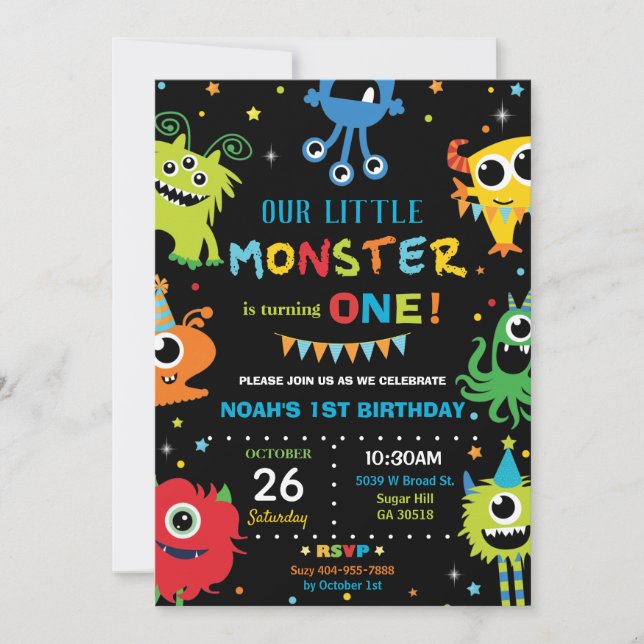 Cute Little Monster Boy 1:a födelsedagen Vibrant Inbjudningar (Framsida)