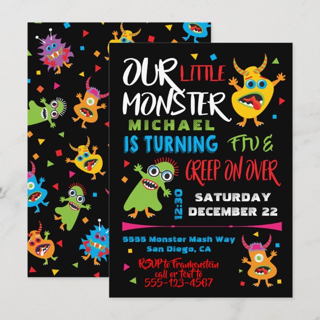 Cute Little Monster Födelsedagsfest Inbjudningar (Fram/baksida)