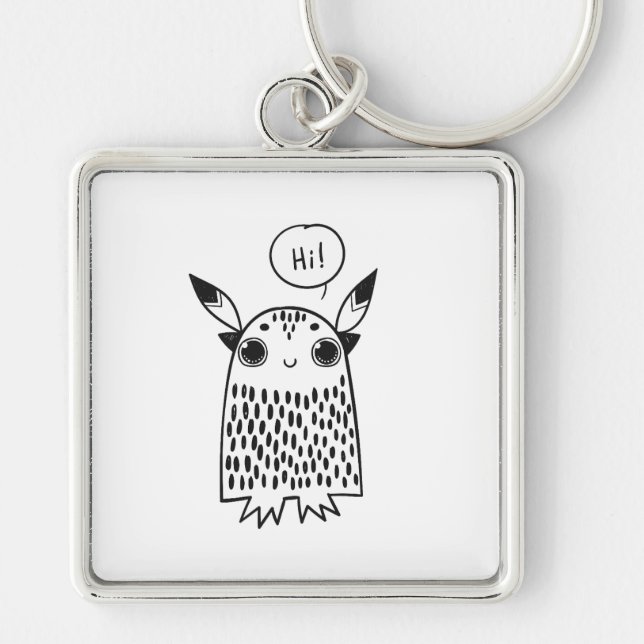 Cute Little monster tecknad Fyrkantig Silverfärgad Nyckelring (Framsidan)