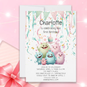 Cute Little Monsters Girl's 1st Birthday Inbjudningar