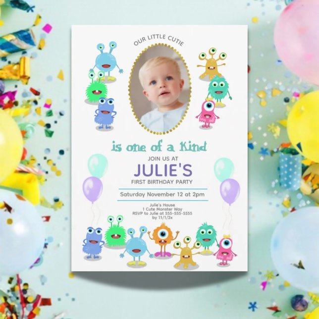 Cute Little Monsters Photo Födelsedagsfest Inbjudningar (Cute Little Monsters Photo Birthday Party Invitation)