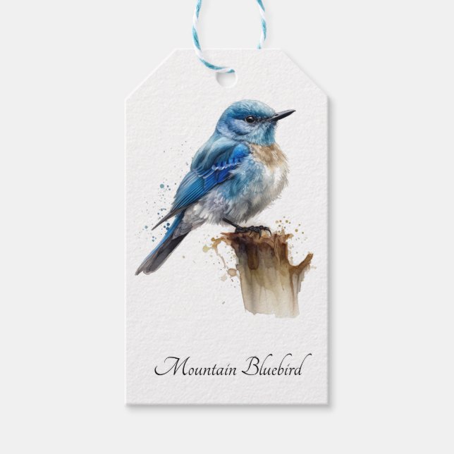 Cute Little Mountain Bluebird Watercolor, anpassni Presentetikett (Framsidan)