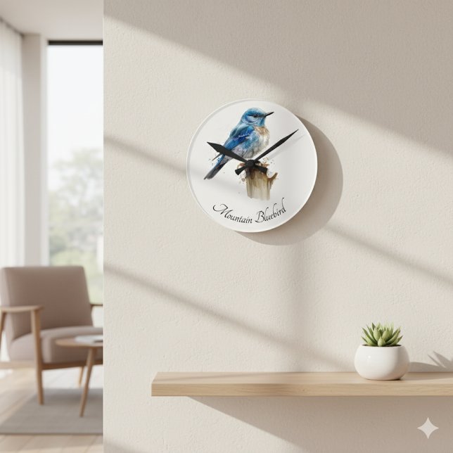 Cute Little Mountain Bluebird Watercolor, anpassni Rund Klocka (Skapare uppladdad)