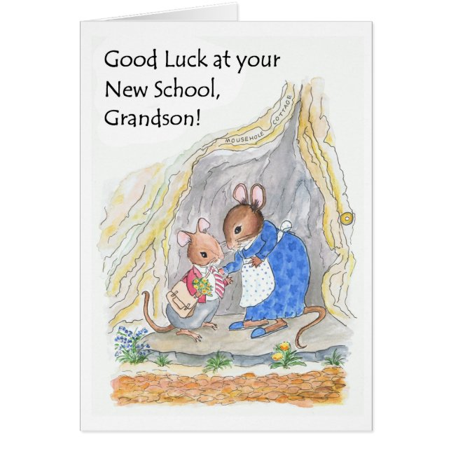 Cute Little Mouse Lycka till New School Grandson Hälsningskort (Framsidan)