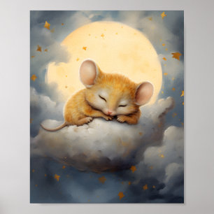 Cute Little Mouse sover på molnet Poster