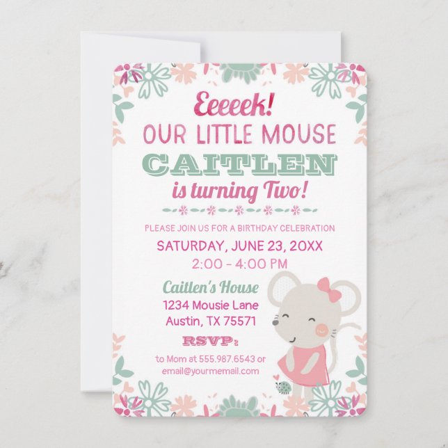 Cute Little Mouse Watercolor Birthday-inbjudan Inbjudningar (Framsida)