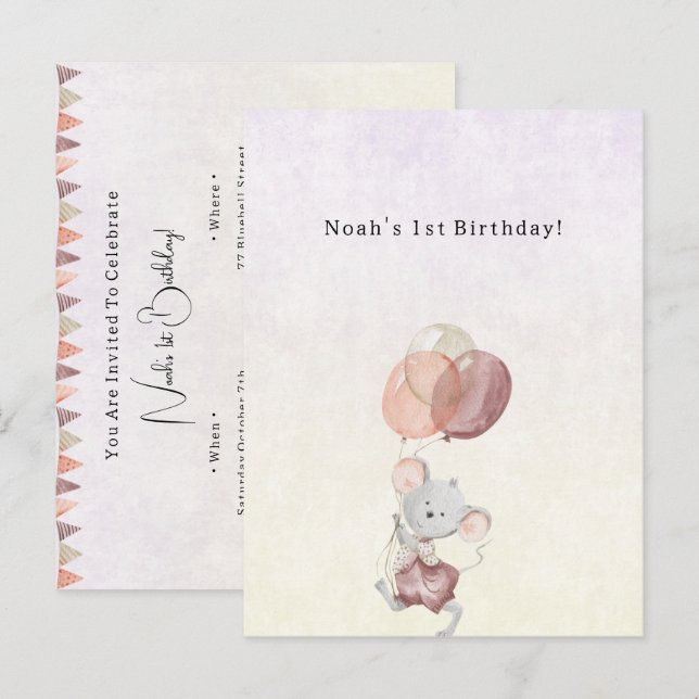 Cute Little Mouse With Pink Balloons Invitation Vykort (Fram/baksida)