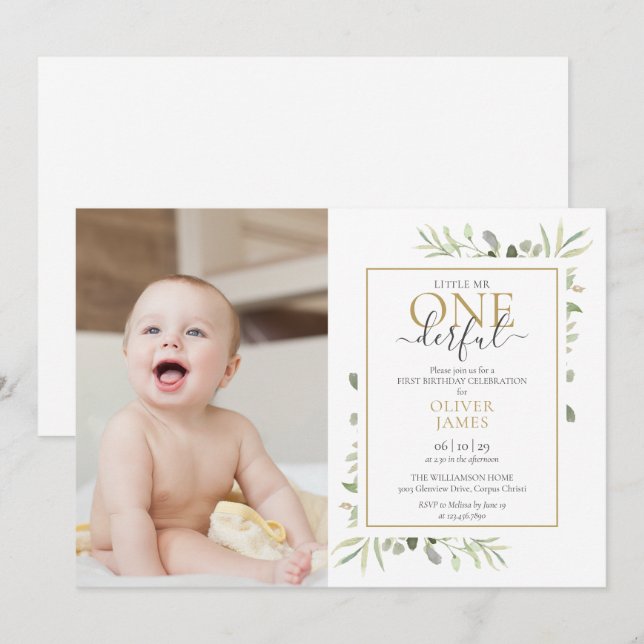 Cute Little Mr ONEderful Photo Boy First Birthday Inbjudningar (Fram/baksida)