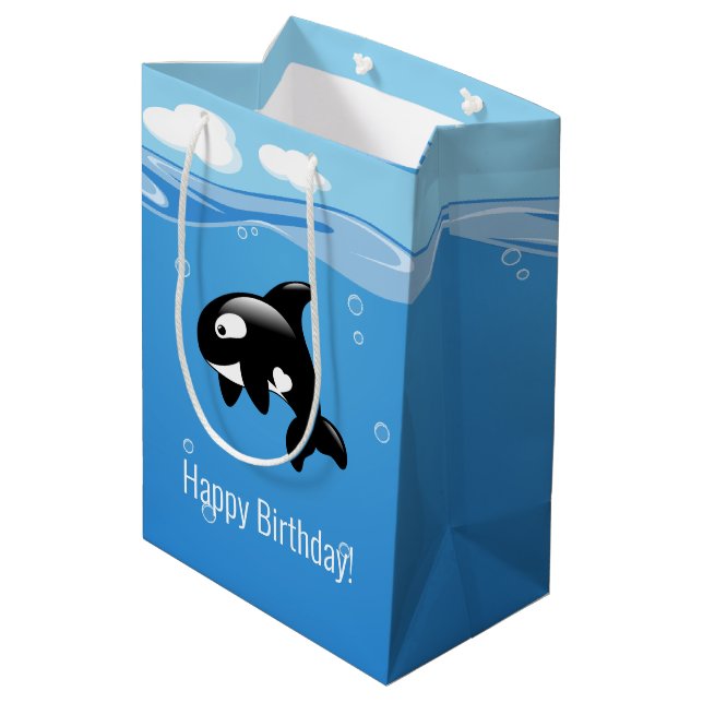 Cute Little Orca Whale i Ocean Birthday (Baksidan Vinklad)