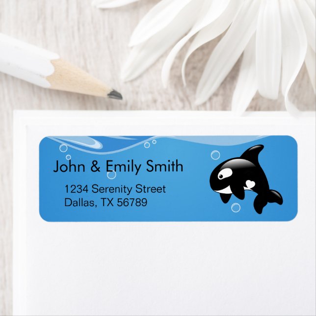 Cute Little Orca Whale på Aqua Returadress Etikett (Insitu)
