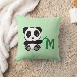 Cute Little Panda Bamboo Stick Monogram Grönt Kudde