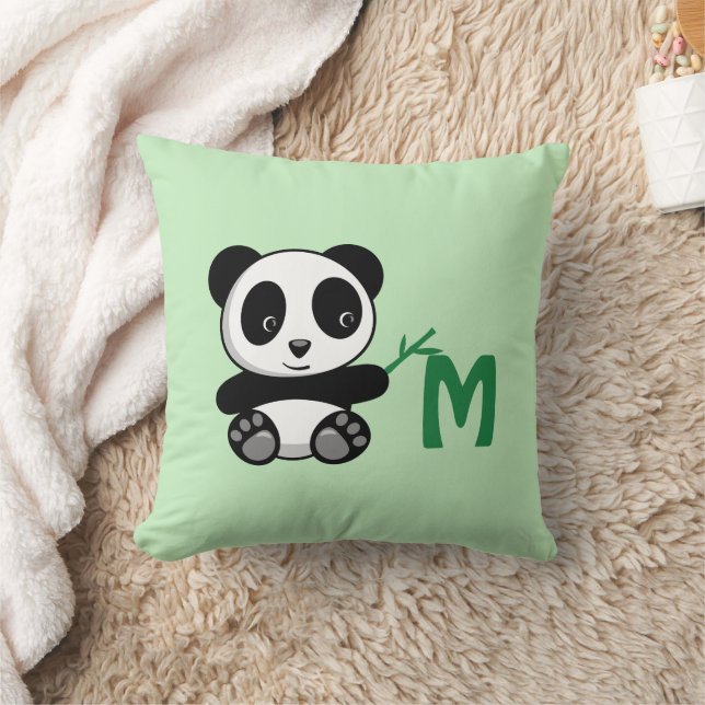 Cute Little Panda Bamboo Stick Monogram Grönt Kudde (Filt)