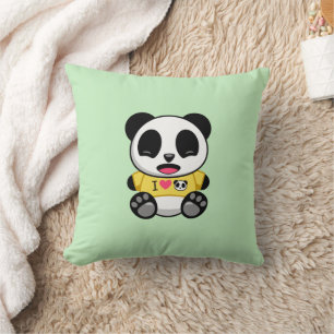 Cute Little Panda I Gult T-shirt på Grönt Kudde