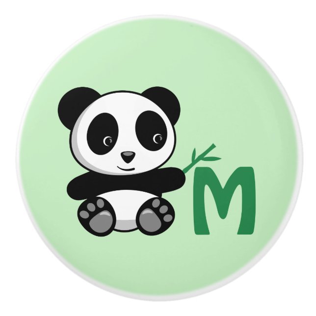 Cute Little Panda med ett Bamboo Stick Monogram Knopp (Framsidan)