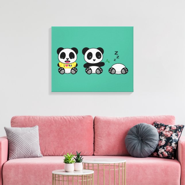 Cute Little Pandas på Grönten Canvastryck (Insitu (Vardagsrum))