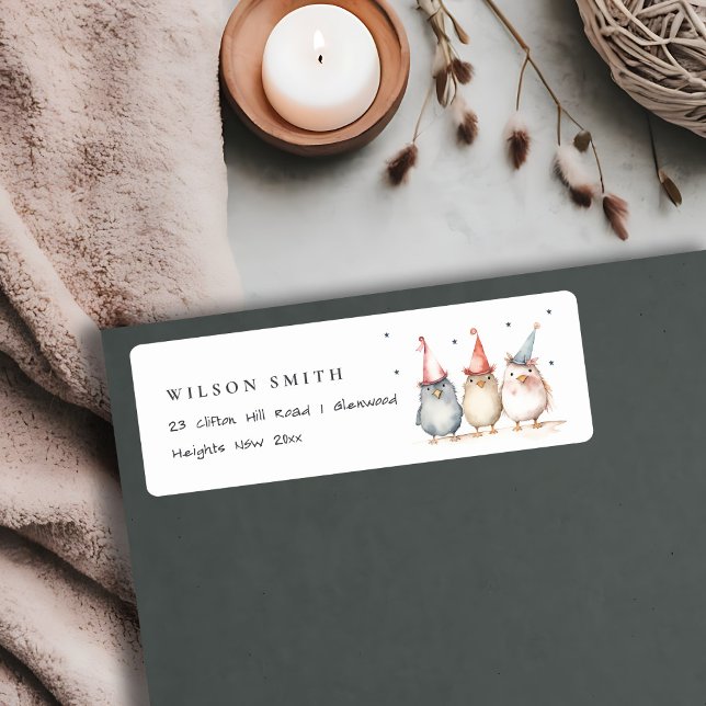 Cute Little Party Birds Barns födelsedag Adress Returadress Etikett (Skapare uppladdad)