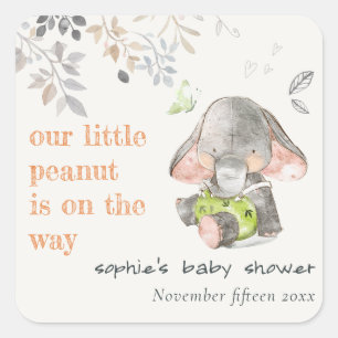 Cute Little Peanut Elephant Foliage Baby Shower Fyrkantigt Klistermärke