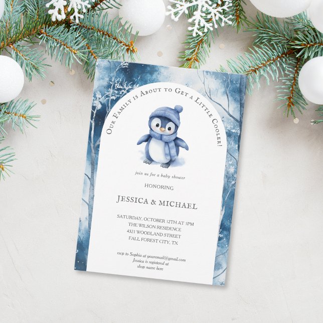 Cute Little Penguin Winter Woodland Baby Shower Inbjudningar (cute blue penguin is on the way)