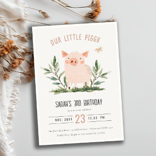 Cute Little Piggy Foliage Butterfly Barns födelsed Inbjudningar