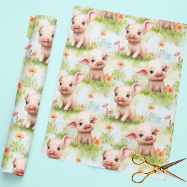 Cute Little Piggy Grass Flower Watercolor Mönster Presentpapper