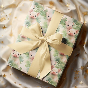 Cute Little Piglets Watercolor Botanicals Mönster Presentpapper