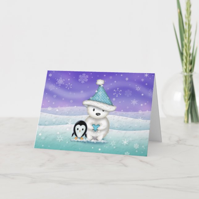Cute Little Polar Bear och Penguin jul Card Helgkort (Framsida)