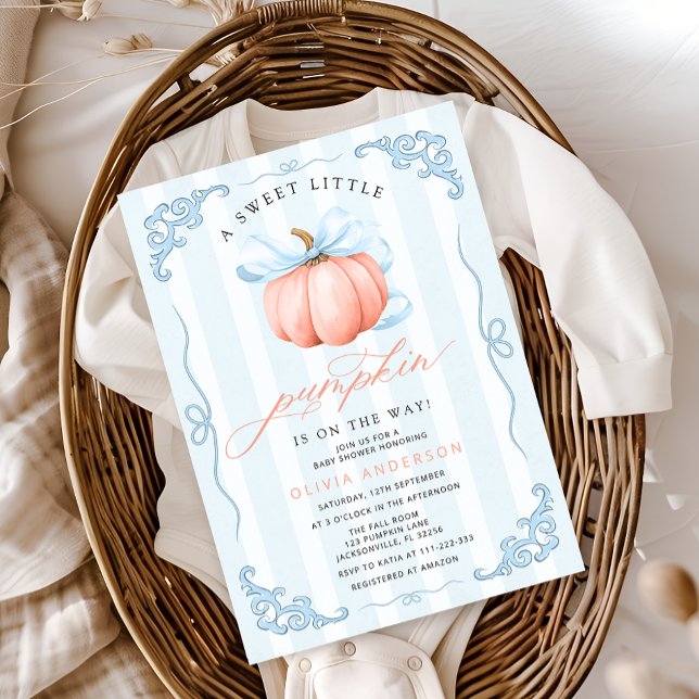 Cute Little Pumpkin Fall Blue Bow Baby Shower Inbjudningar (Skapare uppladdad)