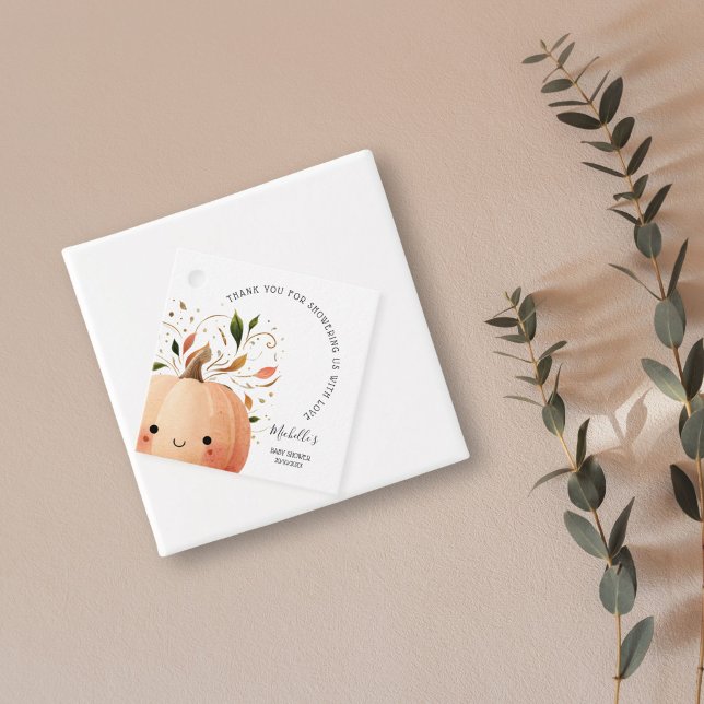 Cute Little Pumpkin på Way Fall Baby Shower Gåvor Etiketter (CUTE WATERCOLOR KAWAI PUMPKIN FALL BABY SHOWER)