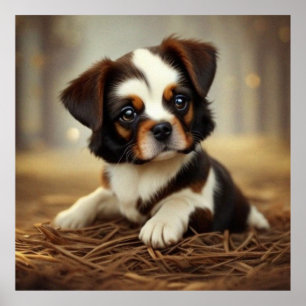 Cute Little puppy hund brun och vit mörk Poster