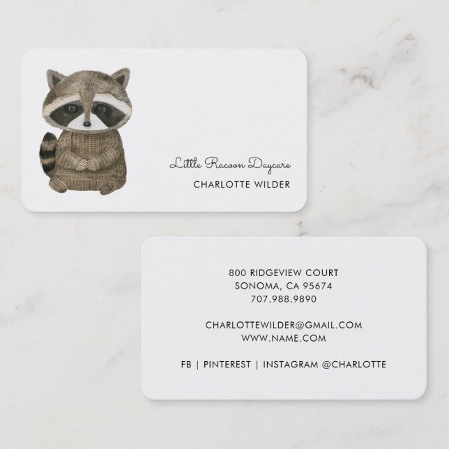 Cute Little Raccoon Daycare Business Card Visitkort (Fram/baksida)