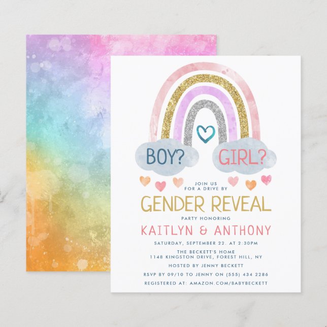 Cute Little Rainbow Gender Reveal Party bjudan (Fram/baksida)