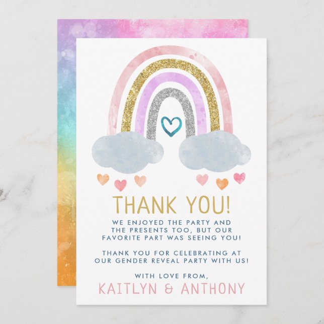 Cute Little Rainbow Gender Reveal Party Tack Kort (Fram/baksida)
